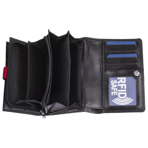 Portfel damski czarny poziomy RFID stop ze skóry naturalnej NEW BAGS LBC-105